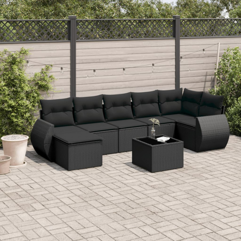 8-tlg. Garten-Sofagarnitur mit Kissen Schwarz Poly Rattan