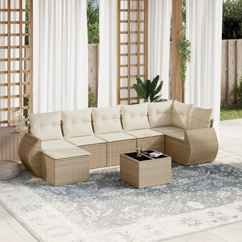 8-tlg. Garten-Sofagarnitur mit Kissen Beige Poly Rattan