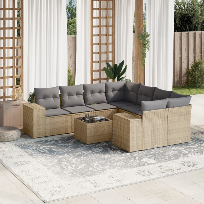 9-tlg. Garten-Sofagarnitur mit Kissen Beige Poly Rattan