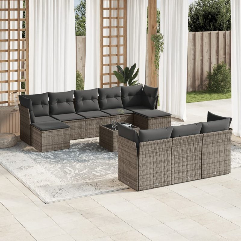 10-tlg. Garten-Sofagarnitur mit Kissen Grau Poly Rattan