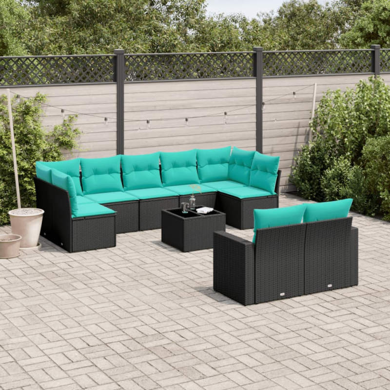 10-tlg. Garten-Sofagarnitur mit Kissen Schwarz Poly Rattan