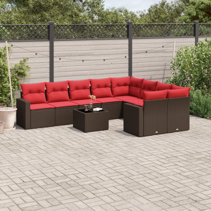10-tlg. Garten-Sofagarnitur mit Kissen Braun Poly Rattan