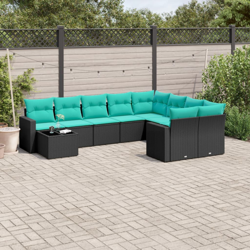 10-tlg. Garten-Sofagarnitur mit Kissen Schwarz Poly Rattan