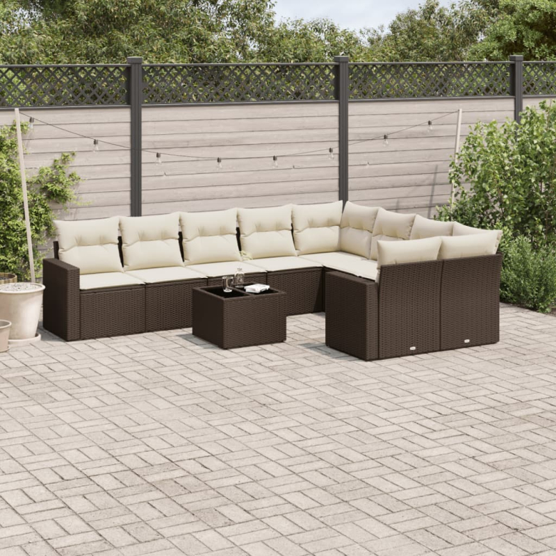 10-tlg. Garten-Sofagarnitur mit Kissen Braun Poly Rattan