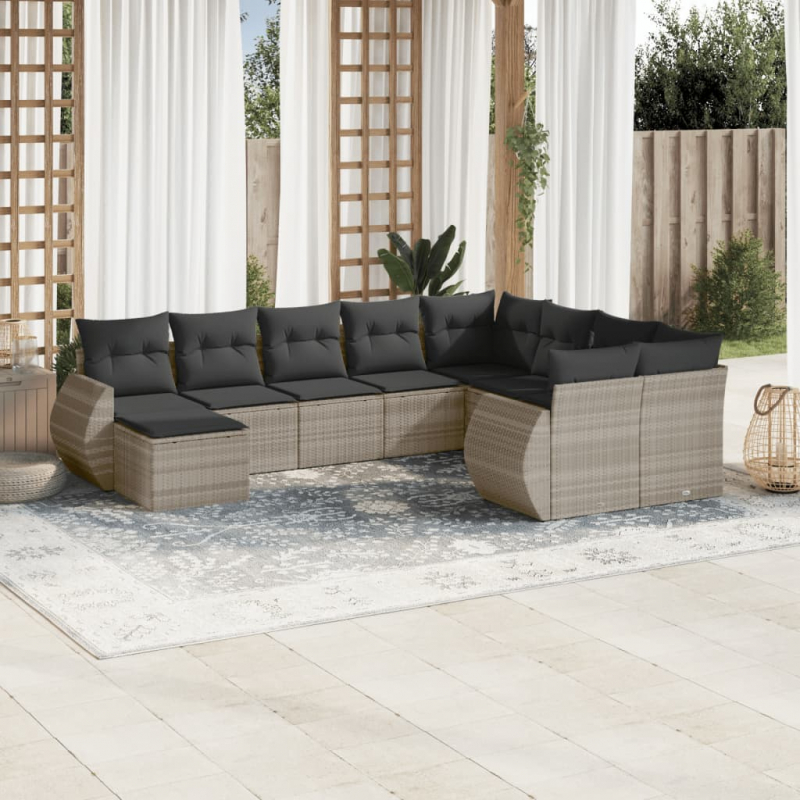 10-tlg. Garten-Sofagarnitur mit Kissen Hellgrau Poly Rattan