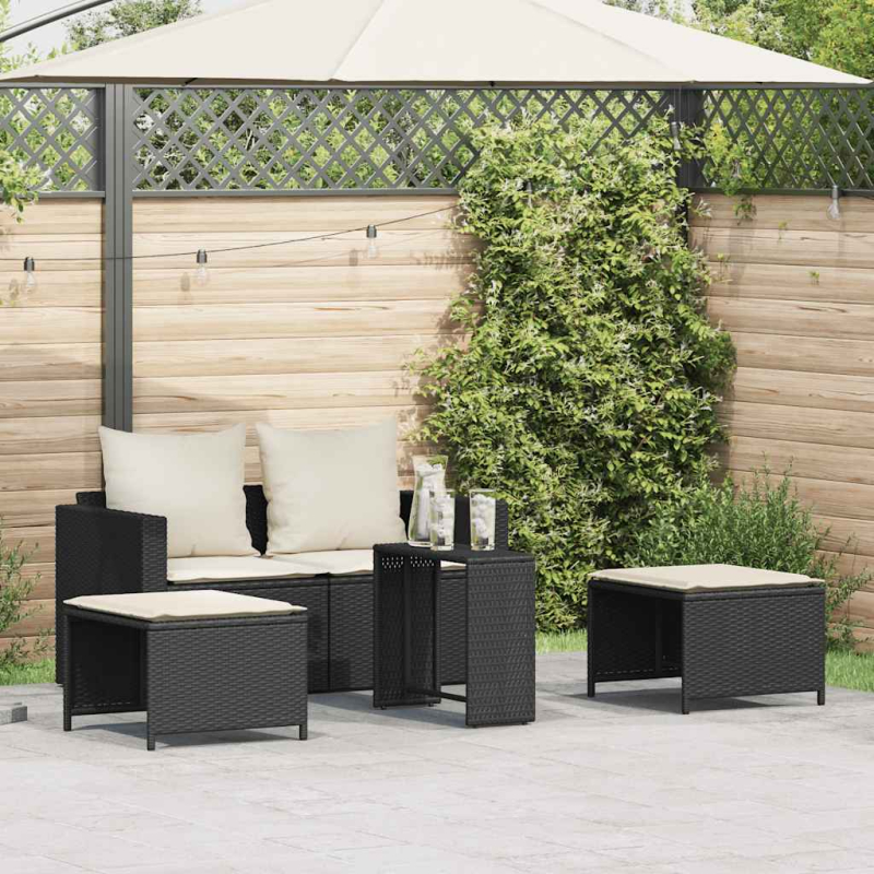 5-tlg. Garten-Sofagarnitur Kissen Stapelbar Schwarz Poly Rattan