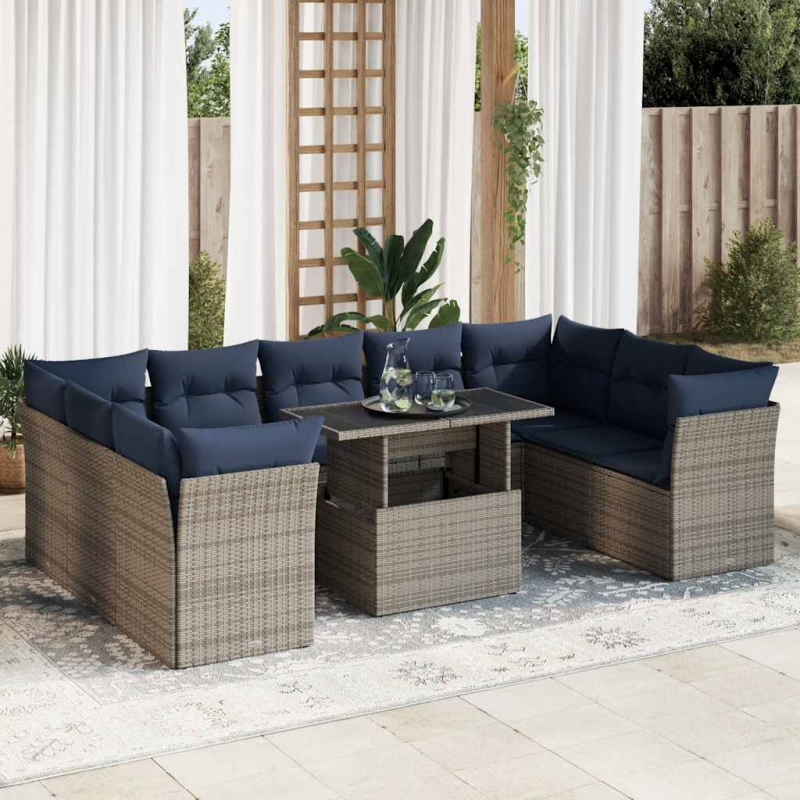 10-tlg. Garten-Sofagarnitur mit Kissen Grau Poly Rattan Akazie