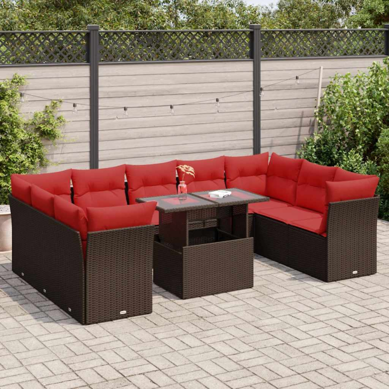 10-tlg. Garten-Sofagarnitur mit Kissen Braun Poly Rattan Akazie