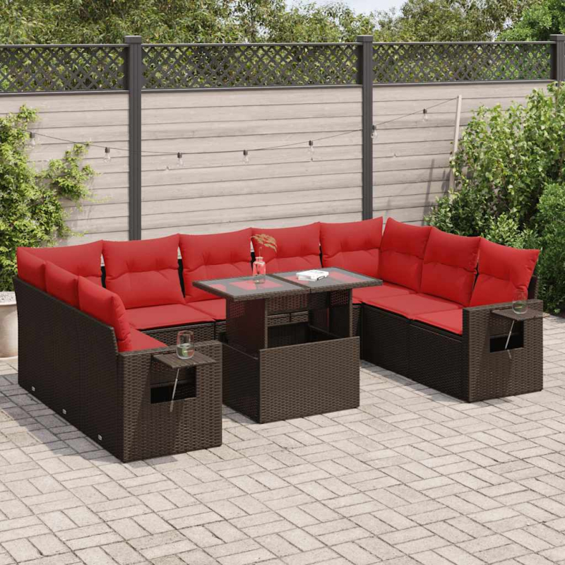 10-tlg. Garten-Sofagarnitur mit Kissen Braun Poly Rattan Akazie