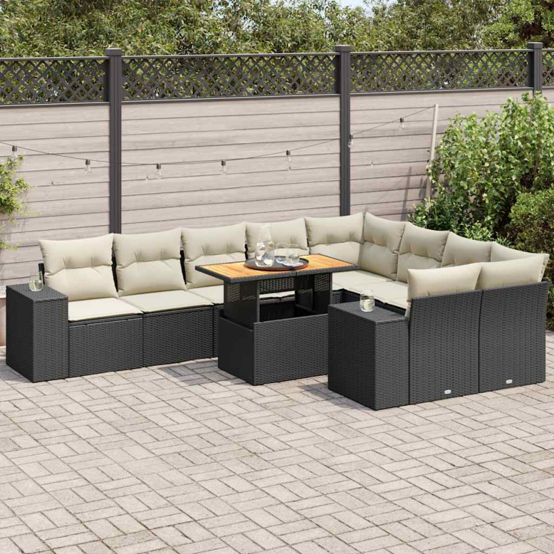 10-tlg. Garten-Sofagarnitur mit Kissen Schwarz Poly Rattan