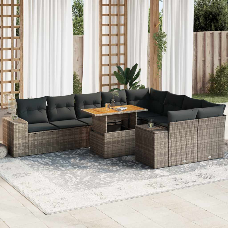 10-tlg. Garten-Sofagarnitur mit Kissen Grau Poly Rattan Akazie