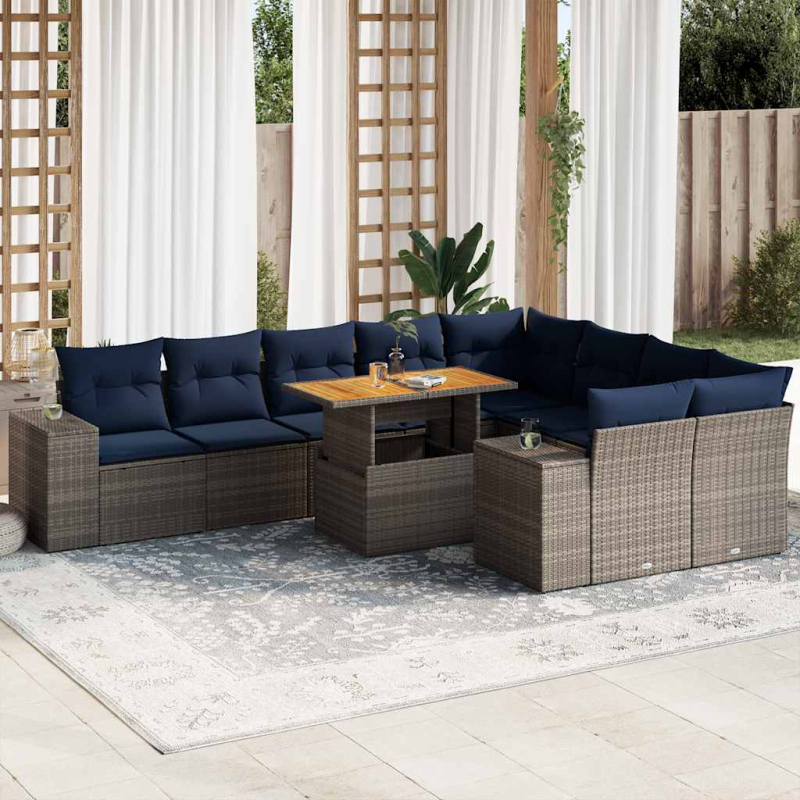 10-tlg. Garten-Sofagarnitur mit Kissen Grau Poly Rattan