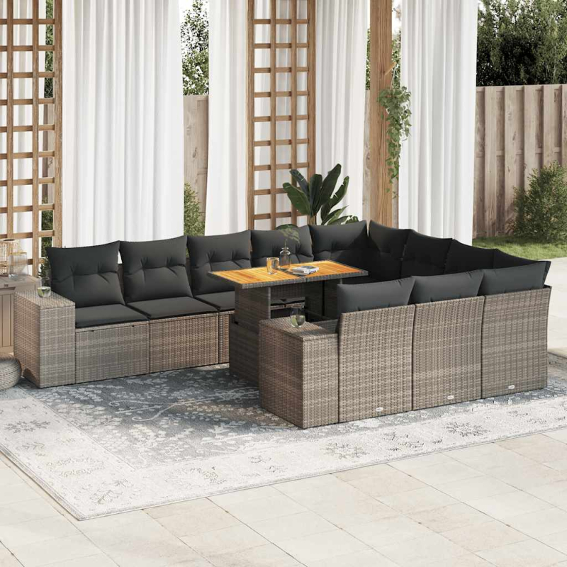 10-tlg. Garten-Sofagarnitur mit Kissen Grau Poly Rattan Akazie