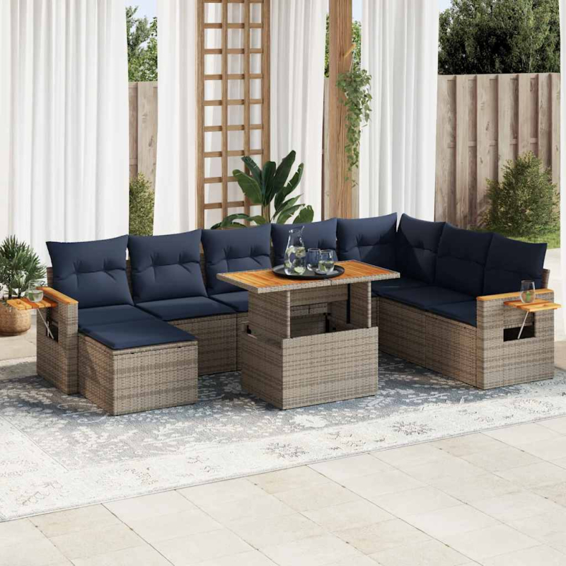 10-tlg. Garten-Sofagarnitur mit Kissen Grau Poly Rattan Akazie
