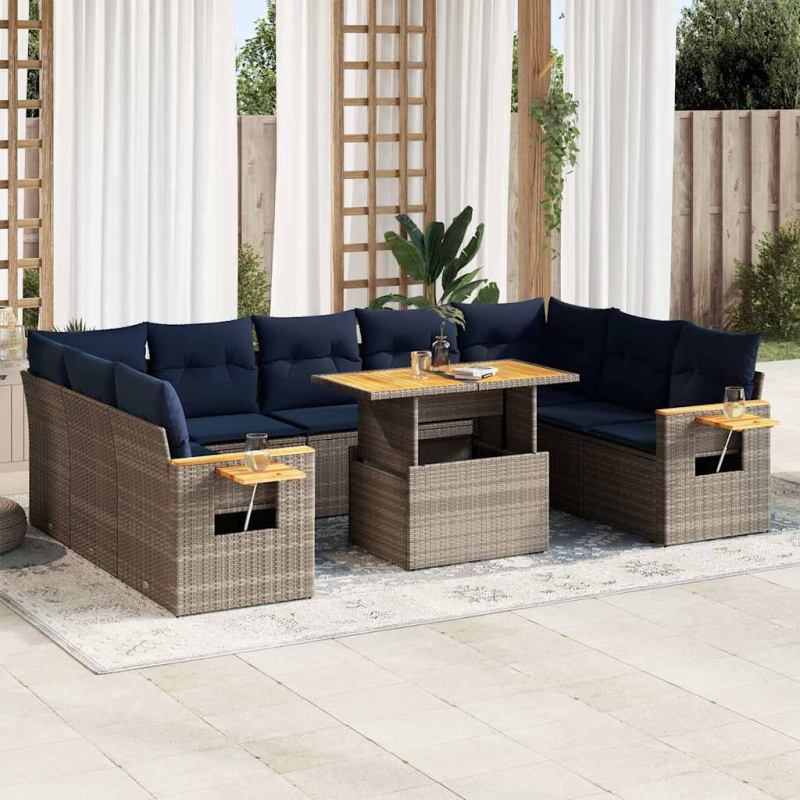 10-tlg. Garten-Sofagarnitur mit Kissen Grau Poly Rattan Akazie