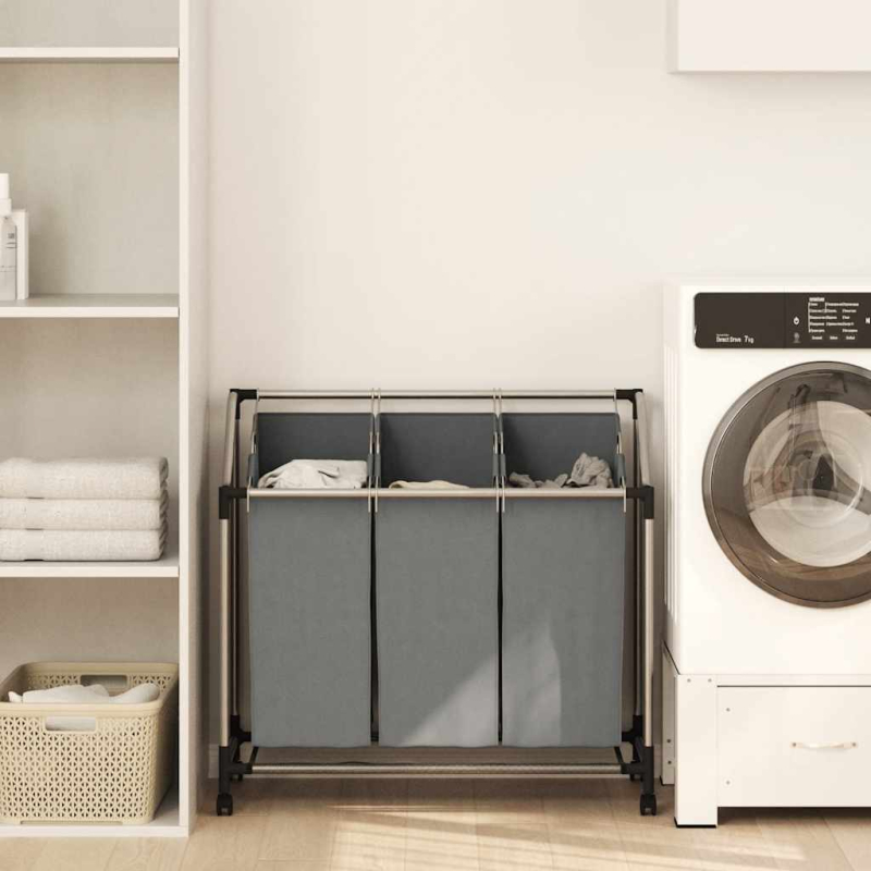 Wäschekorb mit Rollen 3 Fächer Grau