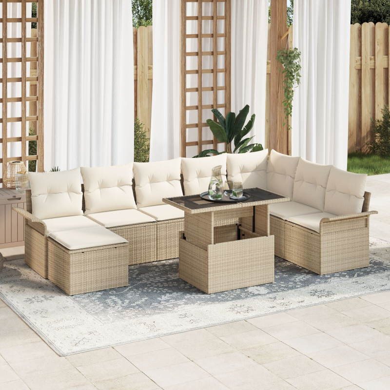 9-teiliges Garten Sofa Set mit Kissen Beige Poly Rattan