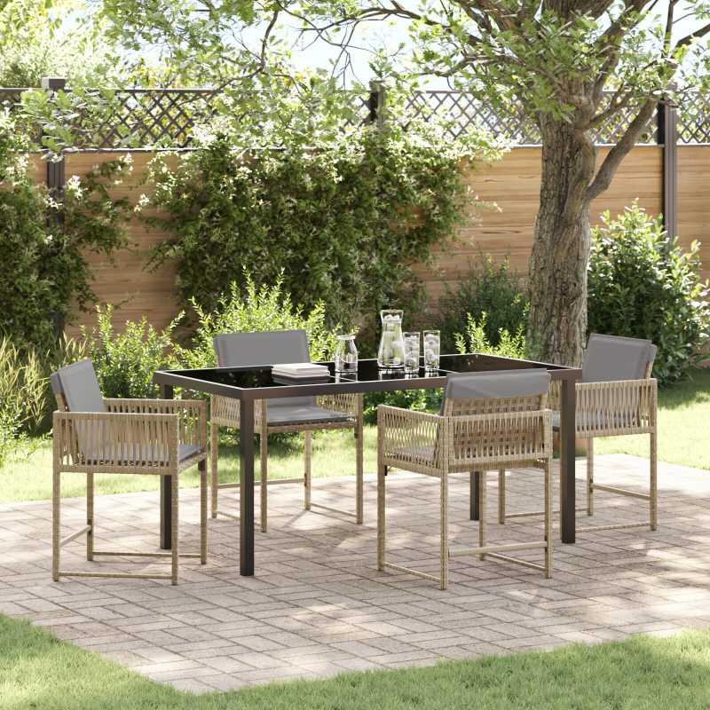 5-teiliges Garten-Essset mit Kissen in beige Poly-Rattan