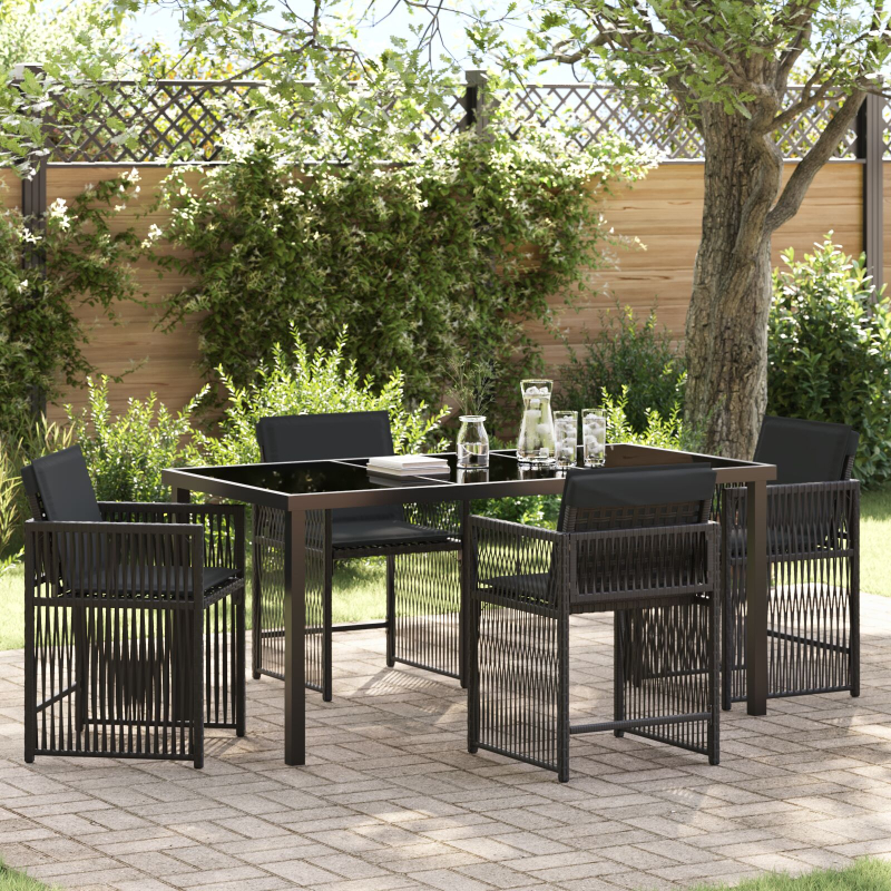 5-teiliges Garten-Esszimmer mit Kissen Schwarz Poly-Rattan