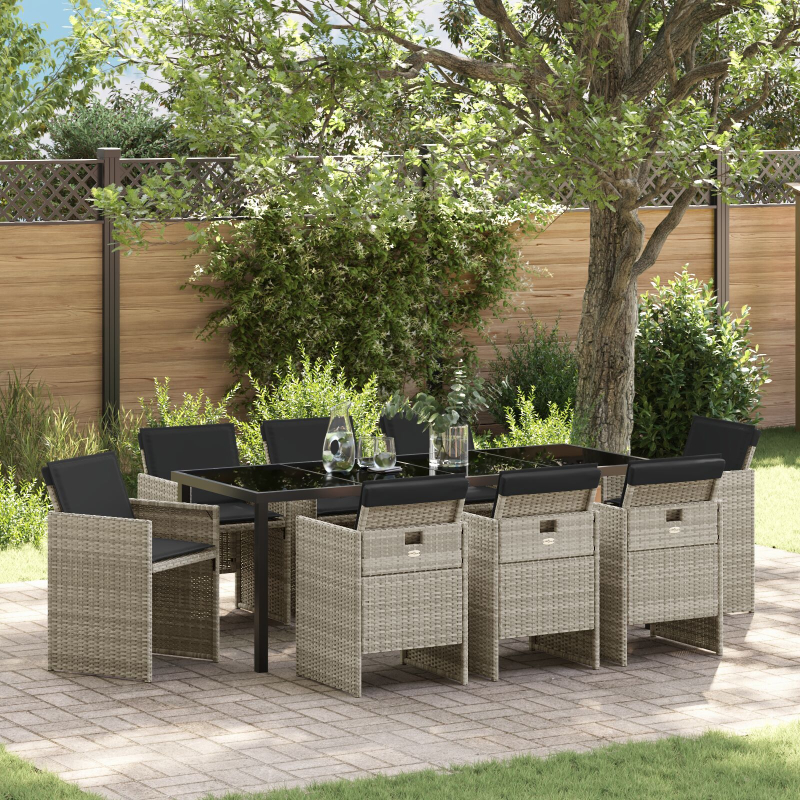 9-teiliges Garten Esstisch Set mit Kissen in Hellgrau aus Poly Rattan