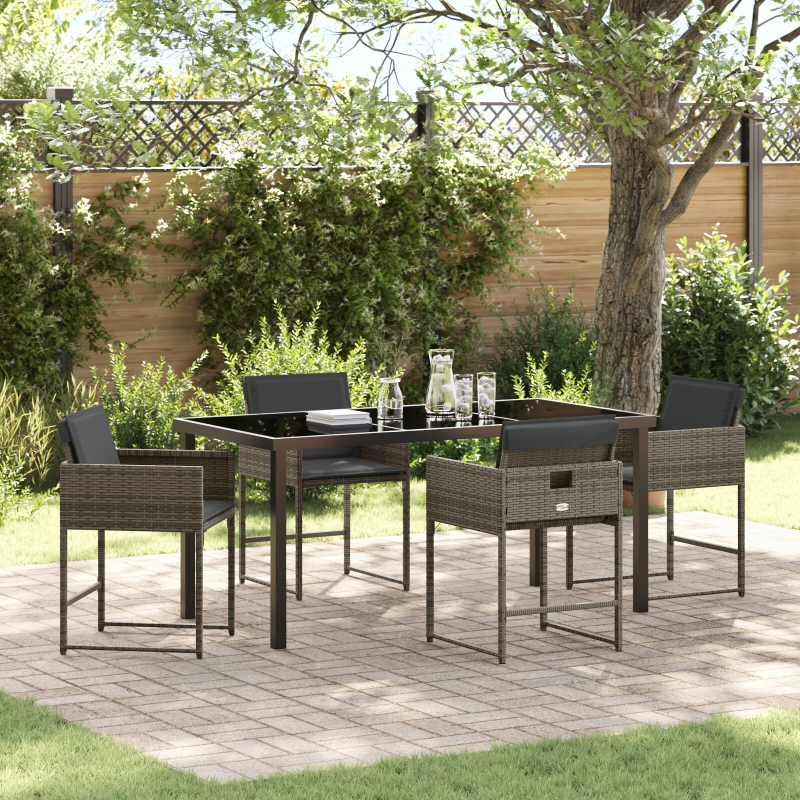 5-teiliges Garten-Essgruppen-Set mit Kissen Grau Poly-Rattan