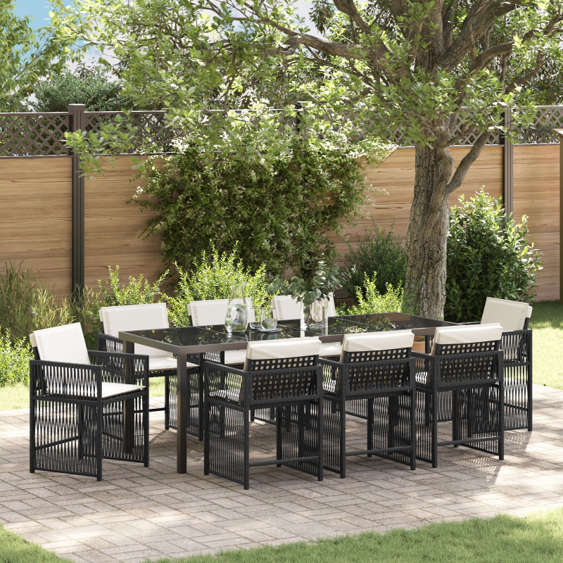9-teiliges Garten Esszimmer Set mit Kissen in Schwarz aus Poly Rattan