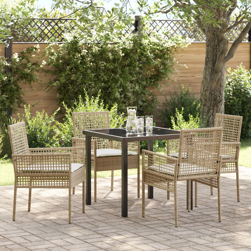 5-teiliges Garten Esszimmerset mit Kissen in Beige aus Poly Rattan