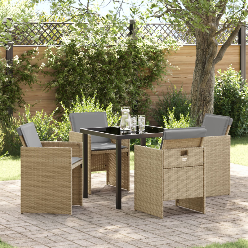 5-teiliges Garten-Essset mit Kissen in beige Poly-Rattan