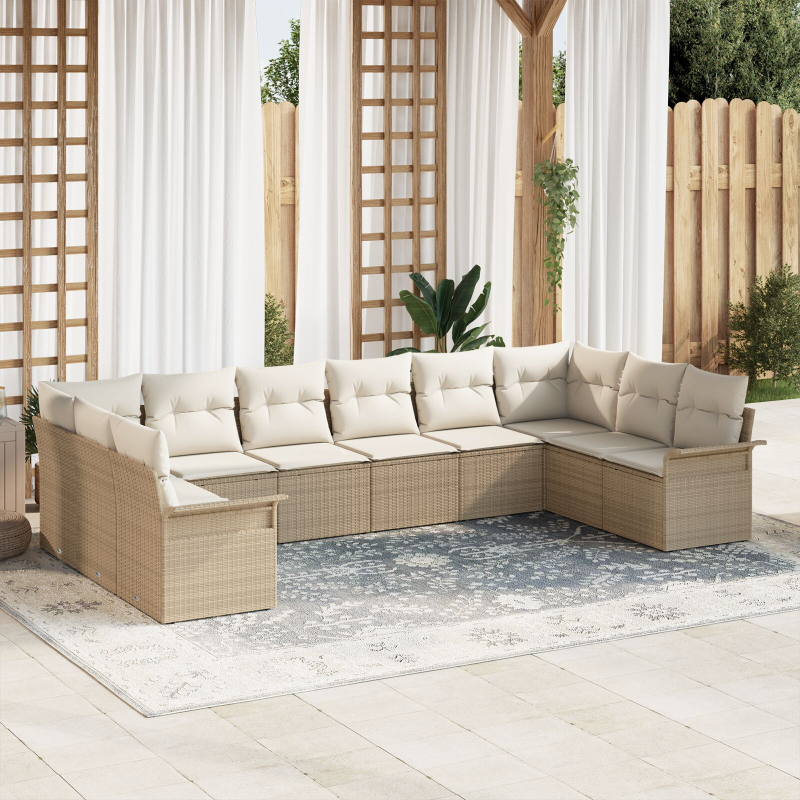 10-teiliges Garten Sofa Set mit Kissen Beige Poly Rattan