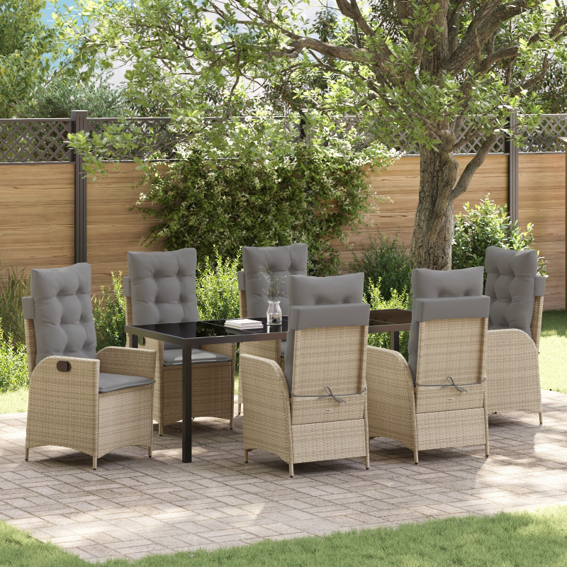 7-teiliges Garten-Esszimmer-Set mit Kissen - Beige - Poly-Rattan