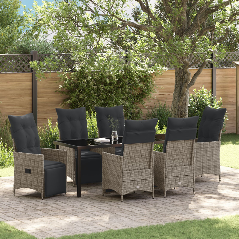 7-teiliges Garten-Dining-Set mit Kissen Grau Poly-Rattan