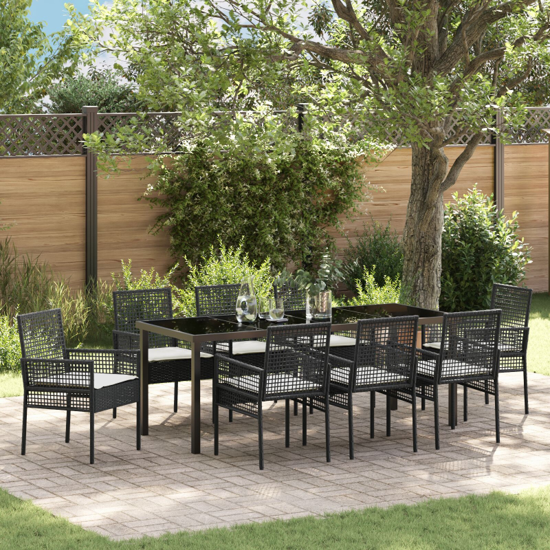 9-teiliges Garten Essset mit Kissen Schwarz Poly Rattan