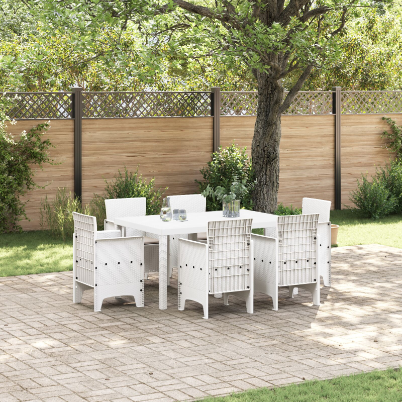 7-teiliges Garten-Esszimmer-Set mit Kissen Weiß Poly Rattan