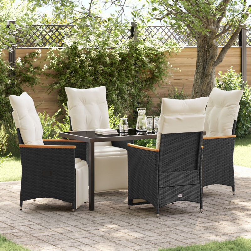 5-teiliges Garten-Dining-Set mit Kissen Schwarzes Poly Rattan