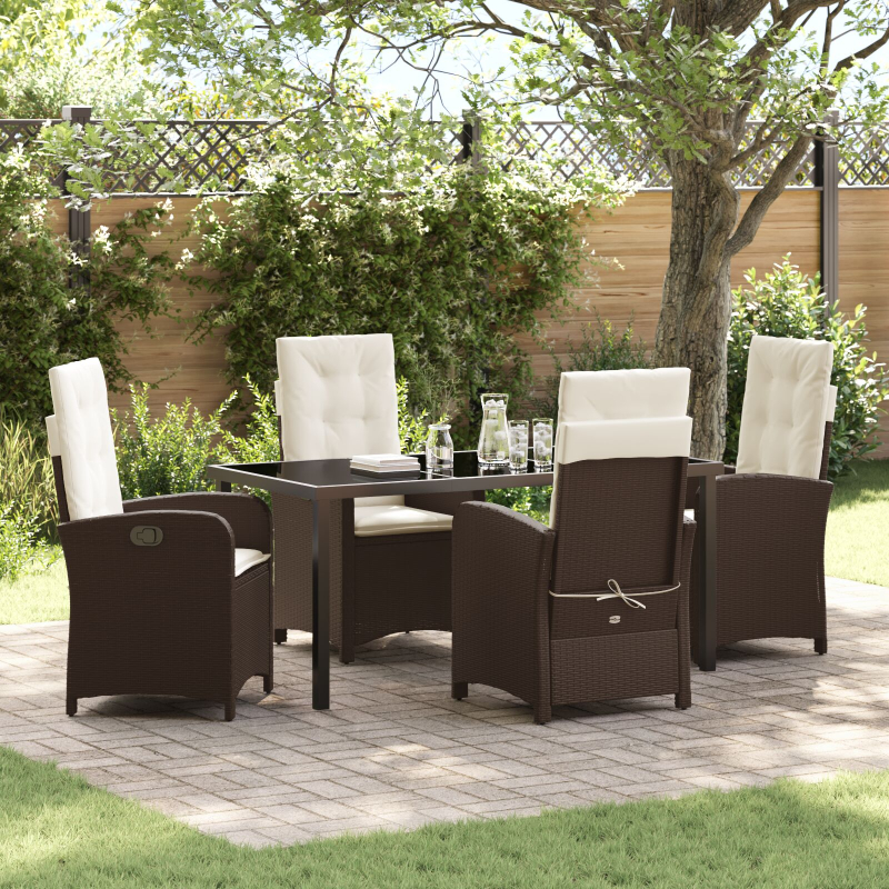5-teiliges Garten-Ess-Set mit Kissen in Braun aus Poly-Rattan