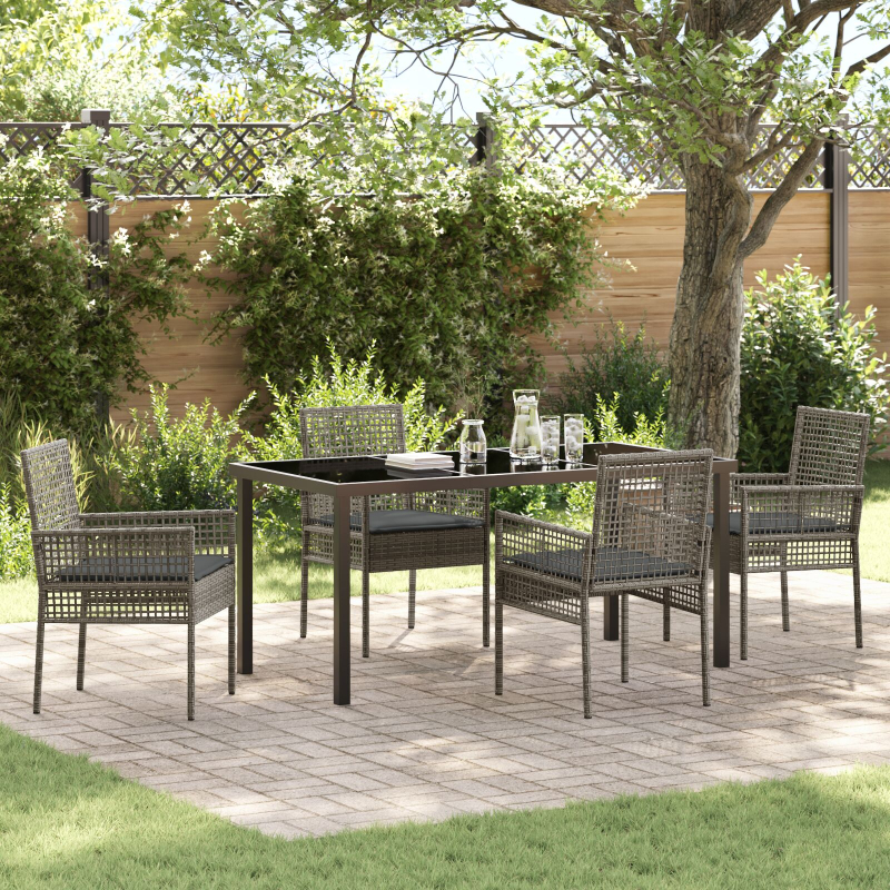 5-teiliges Garten-Dining-Set mit Kissen Grau Poly-Rattan