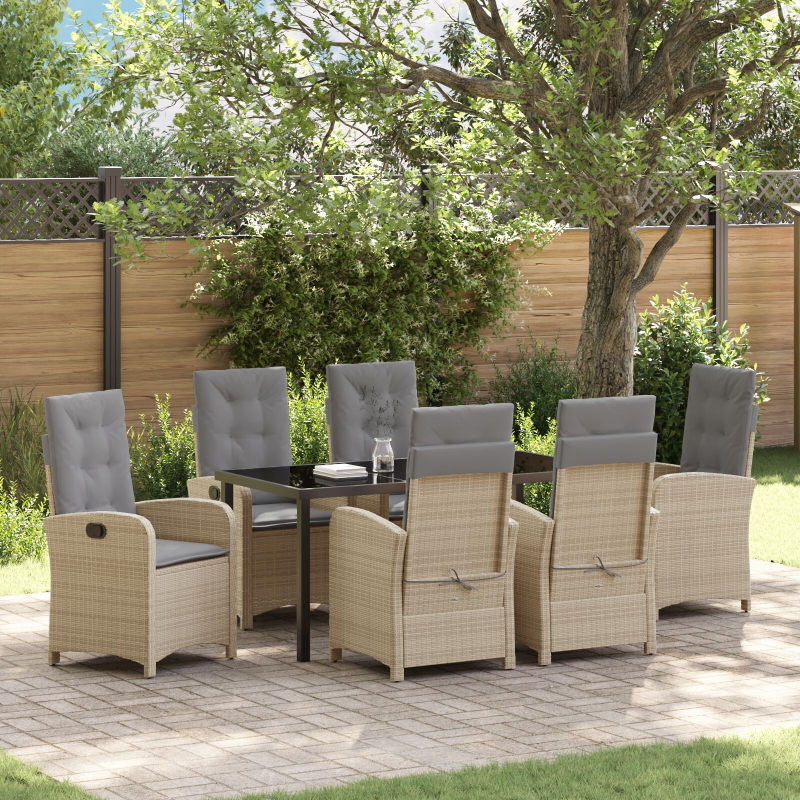 7-teiliges Garten-Essset mit Kissen Beige Poly Rattan