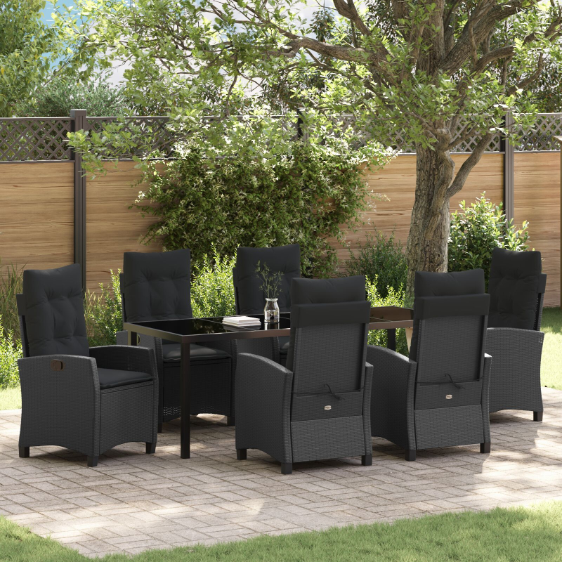 7-teiliges Garten-Esstisch-Set mit Kissen Schwarz Poly-Rattan