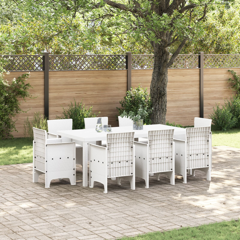9-teiliges Garten Esszimmer Set mit Kissen Weiß Poly Rattan