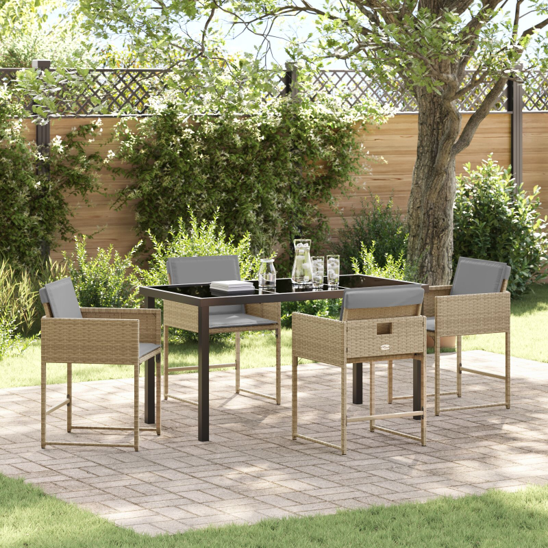 5-teiliges Garten Esszimmer Set mit Kissen Beige Poly Rattan