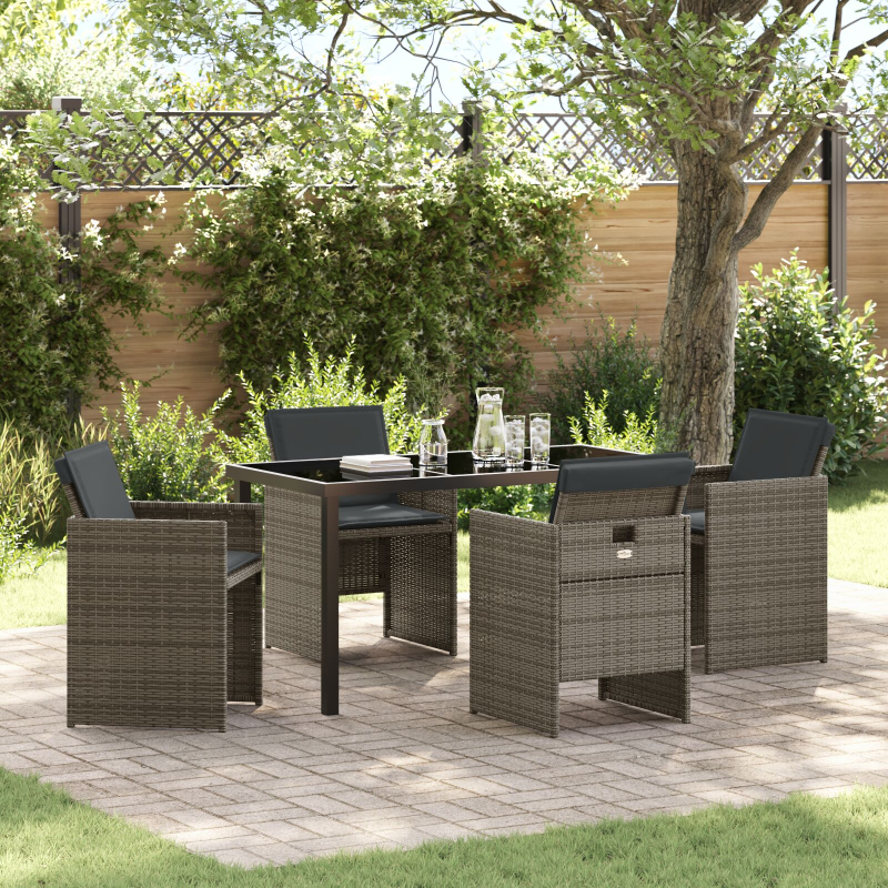 5-teiliges Garten-Essgruppen-Set mit Kissen Grau Poly Rattan