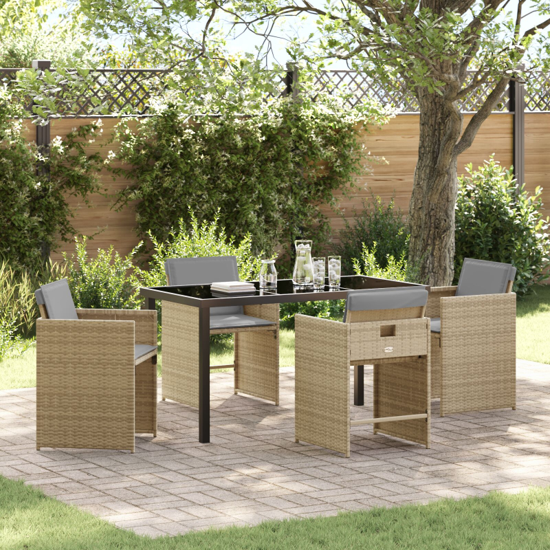 5-teiliges Garten-Ess-Set mit Kissen Beige Poly Rattan