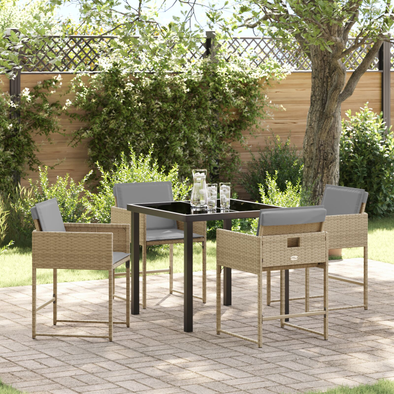 5 Teile Garten Essgruppe mit Kissen Beige Poly Rattan
