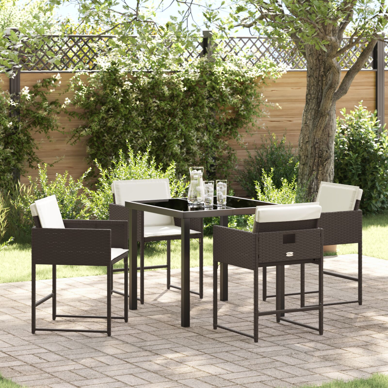 5-teiliges Garten-Esszimmer-Set mit Kissen aus braunem Poly-Rattan