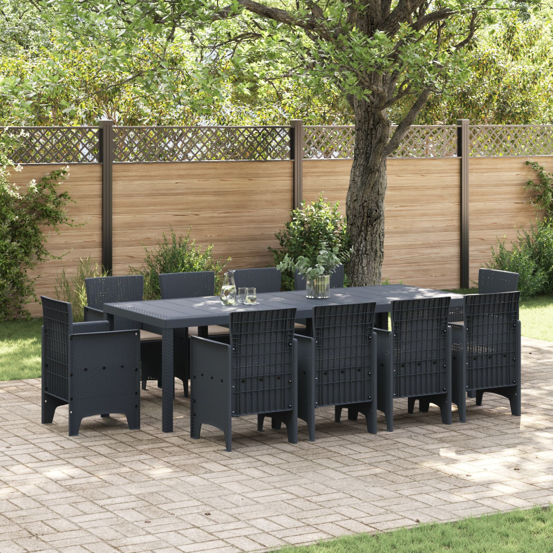 11-teiliges Garten Esstischset mit Kissen Anthrazit Poly Rattan