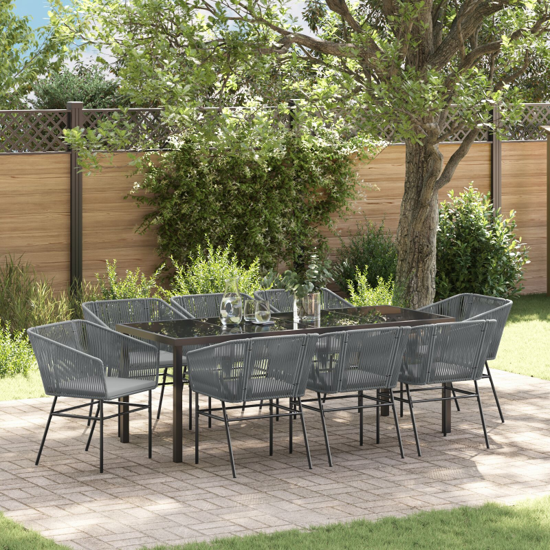 9-teiliges Garten-Esszimmer-Set mit Kissen Grau Poly-Rattan