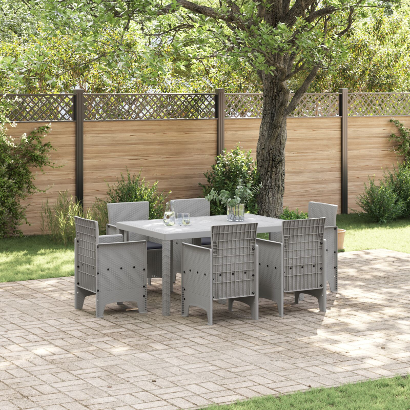 7-teiliges Garten Esszimmer Set mit Kissen Hellgrau Poly Rattan