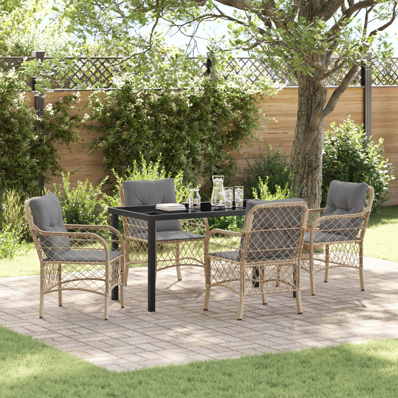 5-teiliges Garten-Essgruppen-Set mit Kissen Beige Poly Rattan