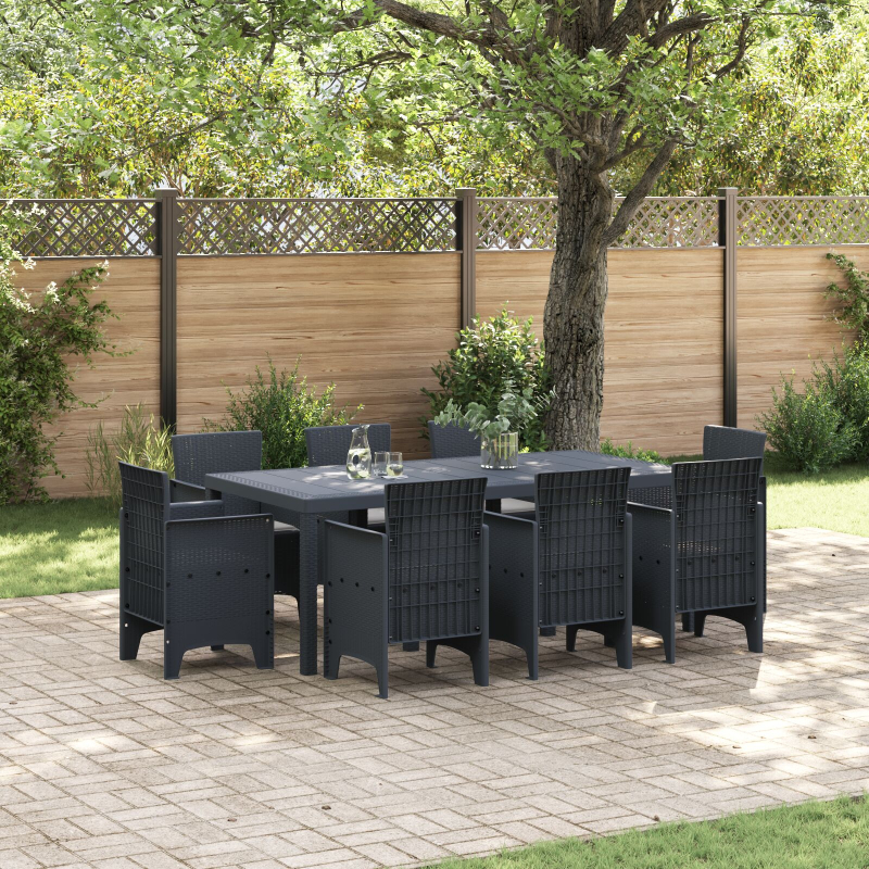 9-teiliges Garten-Essset mit Kissen Anthrazit Poly Rattan