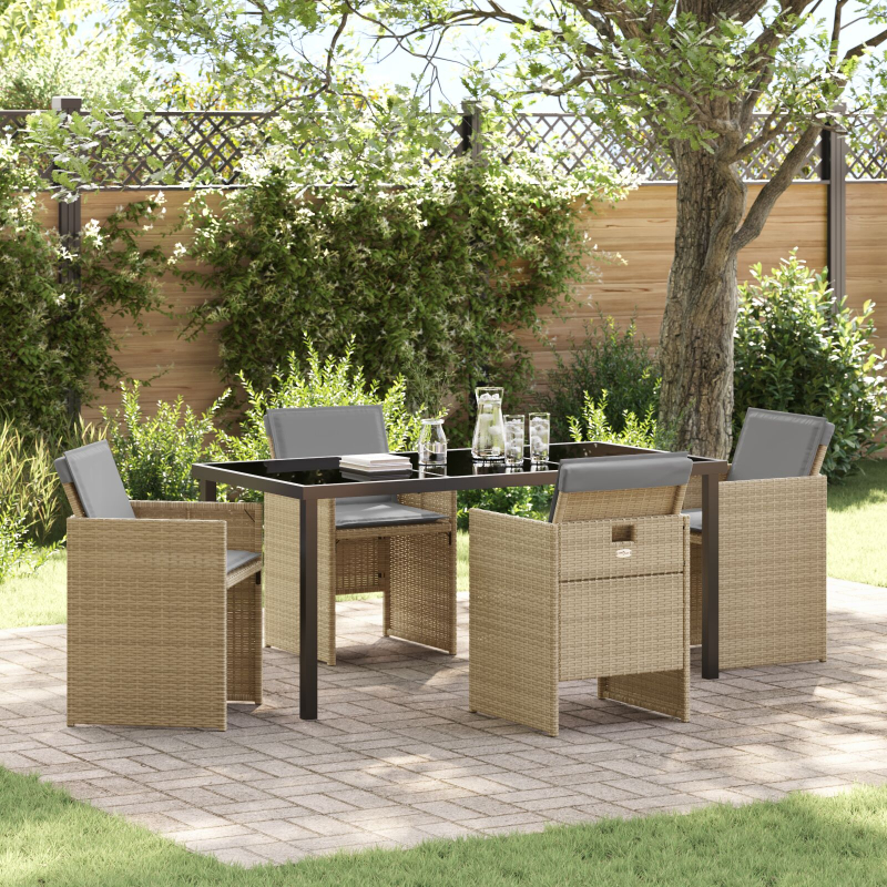 5-teiliges Garten-Essset mit Kissen Beige Poly Rattan